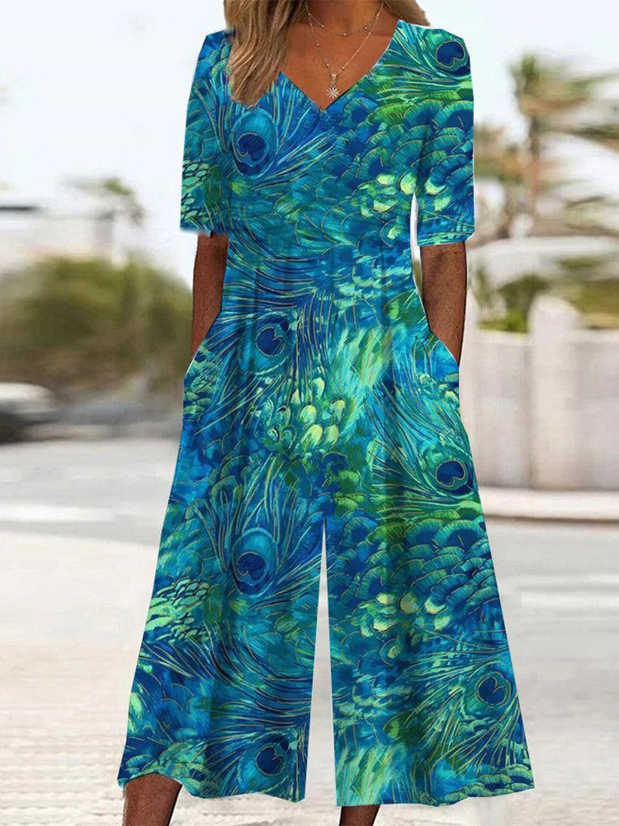 Women's Peacock Print V-Neck Jumpsuit | Wide Leg