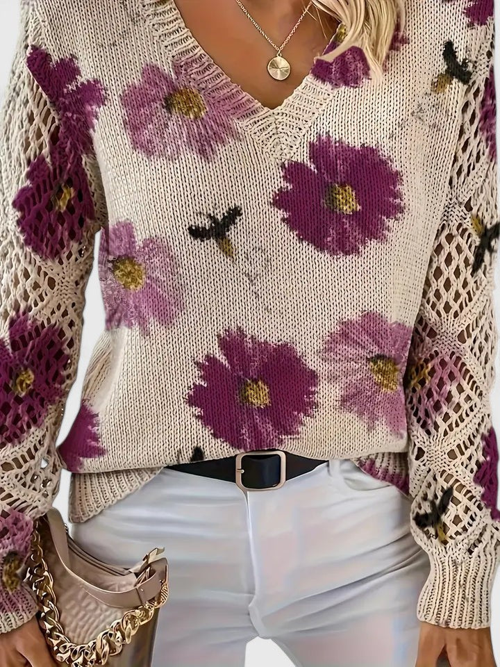 Pull en maille pour femme à col en V | Floral