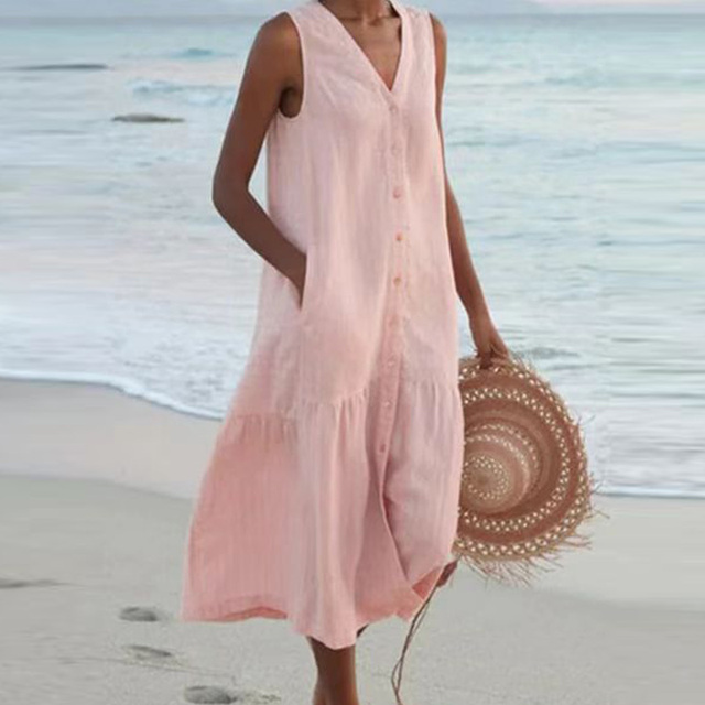 Women's Button Down Flared V-Neck Dress | Midi