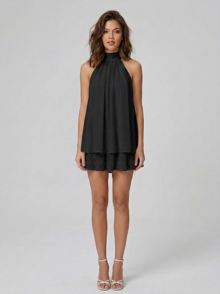 Women's Chique Tiered Ruffles Mock Neck Halter Party Dress | Mini