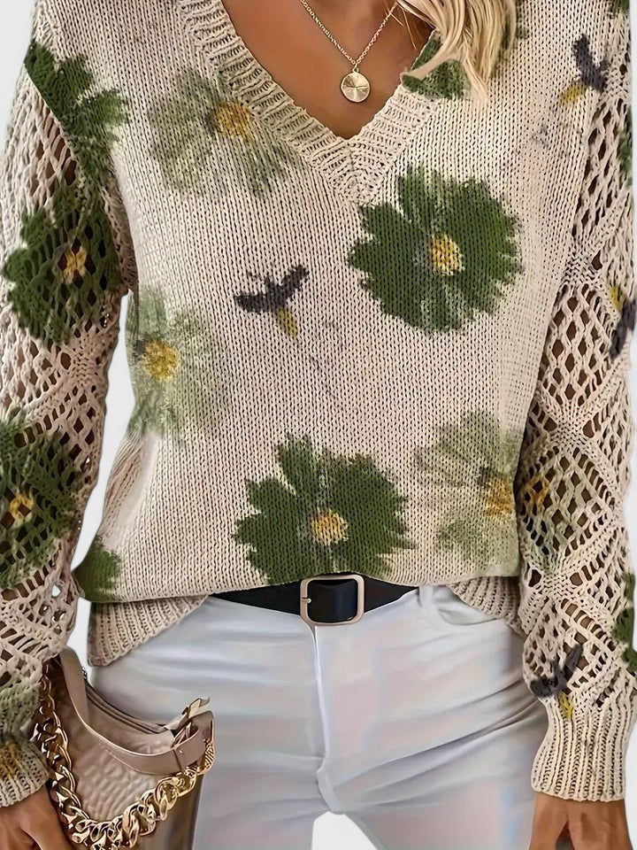 Pull en maille pour femme à col en V | Floral