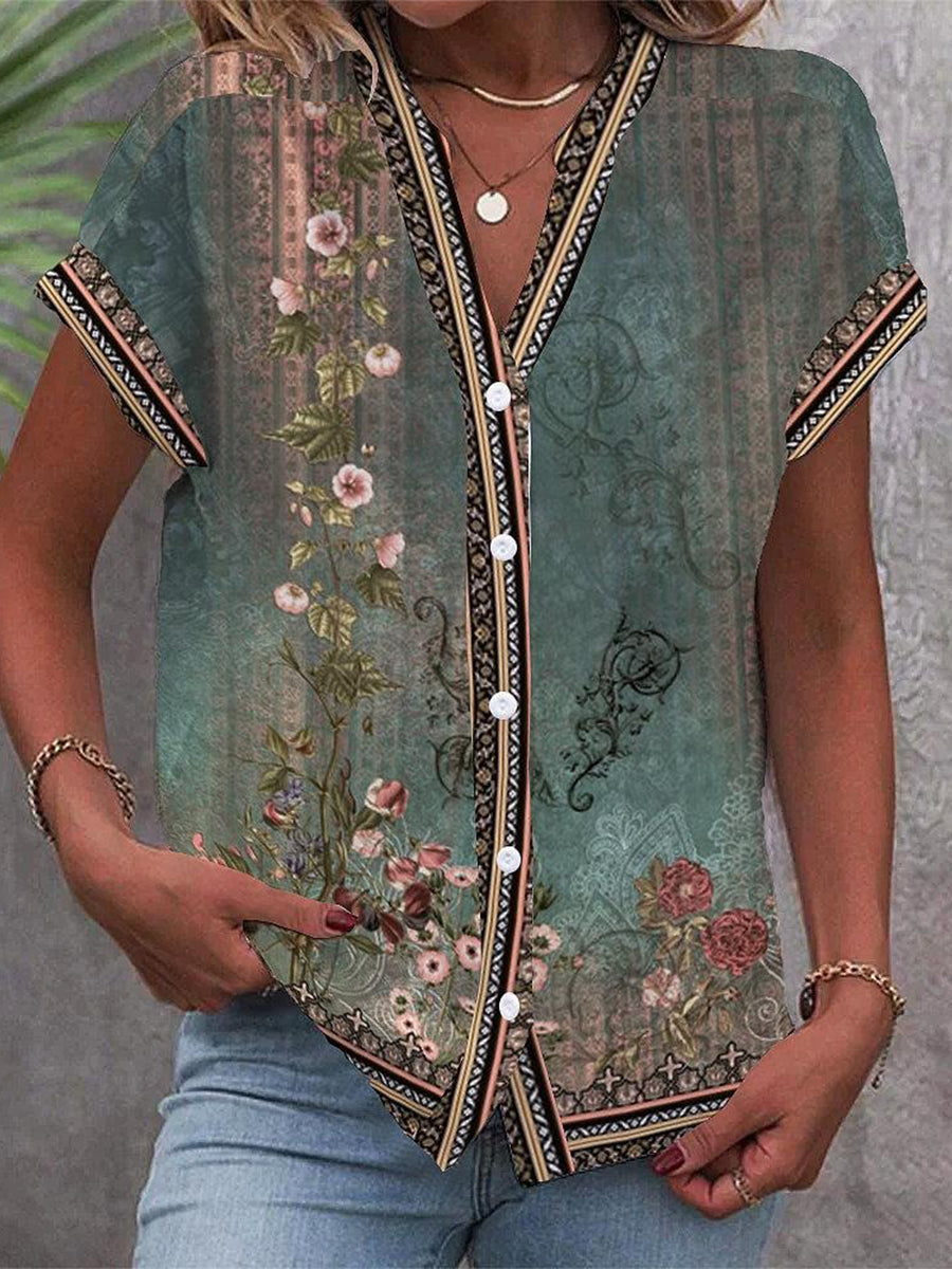 Women's Floral Print Button-Front Blouse | Short Sleeve