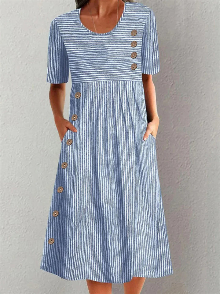 Women's Striped Casual Button Detail Dress | Midi
