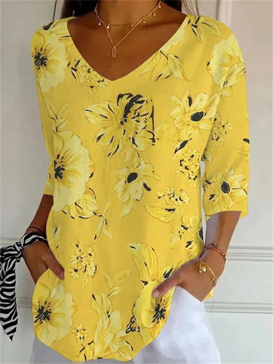Women's Yellow Floral V-Neck Top | Summer