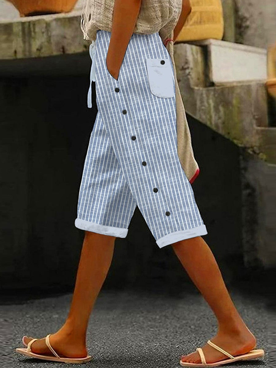Women's Casual Capri Striped Trousers | Button Detail