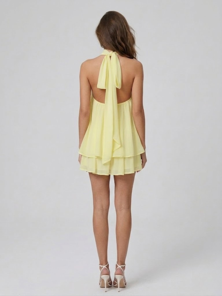Women's Chique Tiered Ruffles Mock Neck Halter Party Dress | Mini