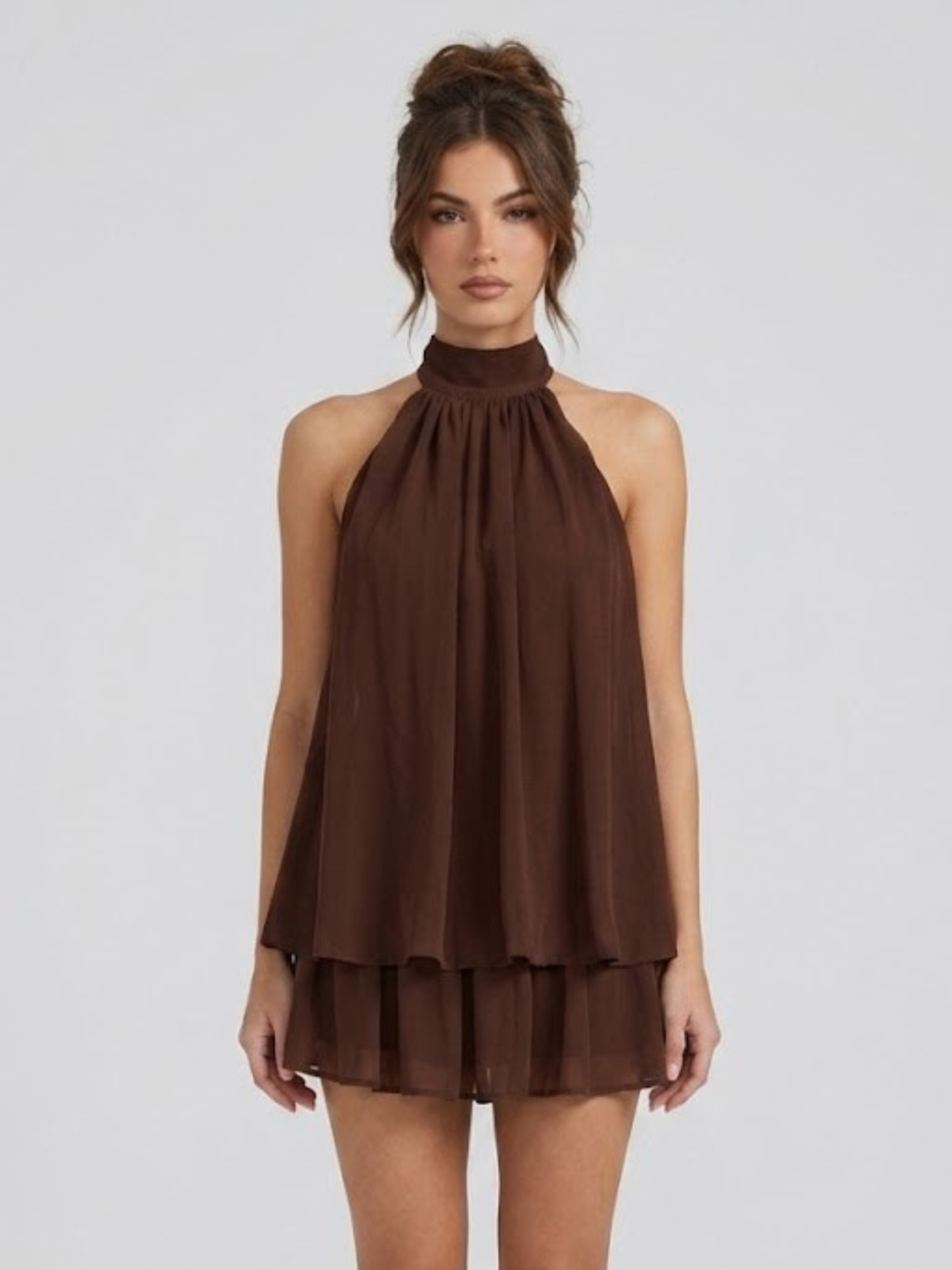 Women's Chique Tiered Ruffles Mock Neck Halter Party Dress | Mini