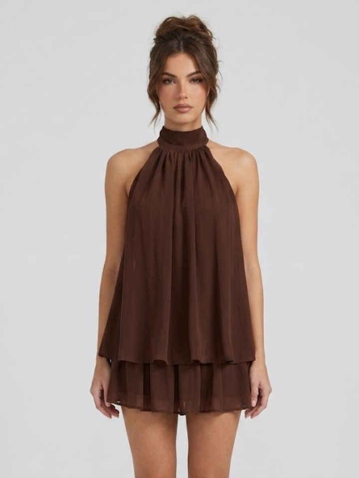 Women's Chique Tiered Ruffles Mock Neck Halter Party Dress | Mini