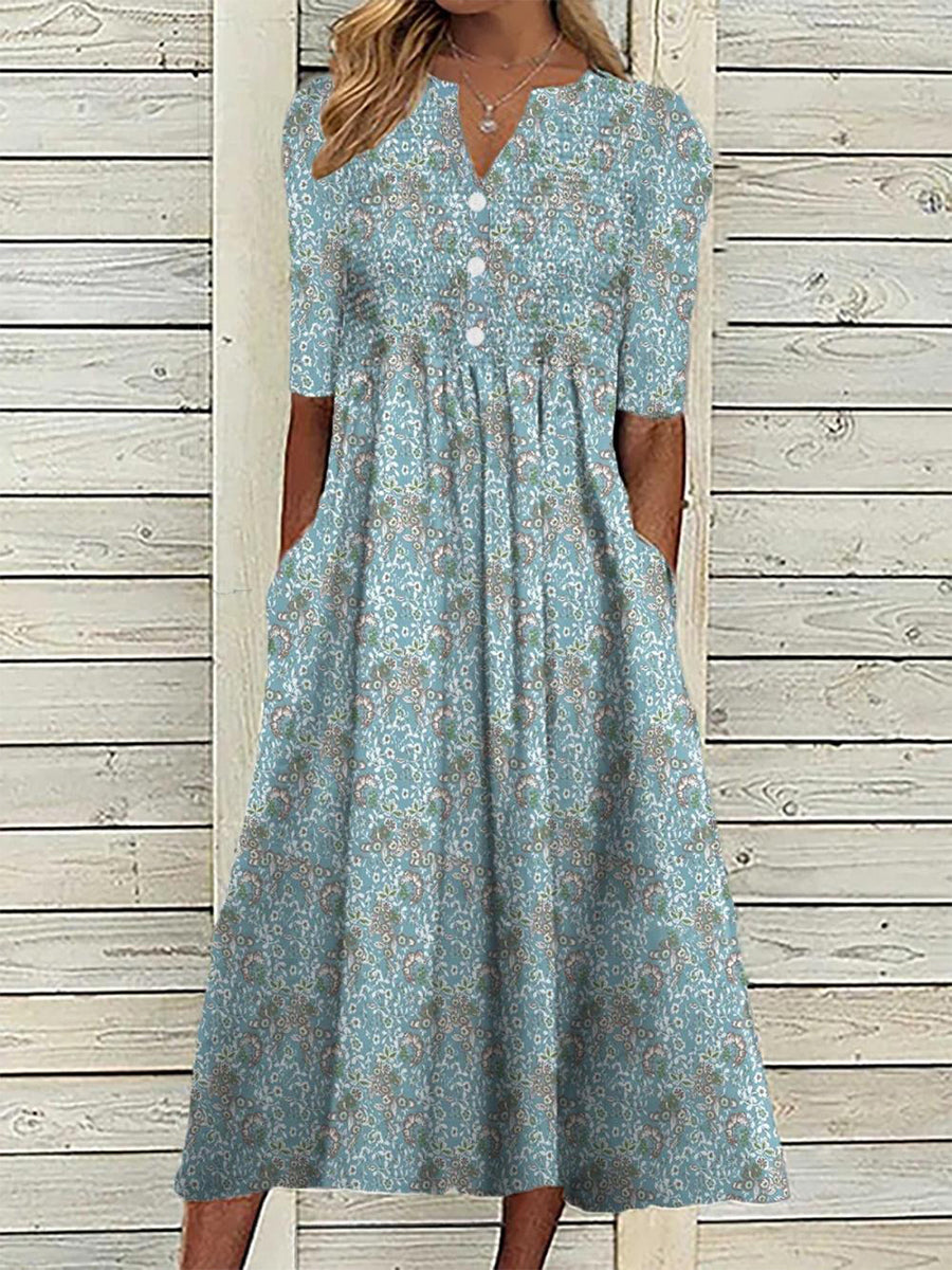 Women's Floral Half Sleeve V-Neck Pleated Dress | Midi