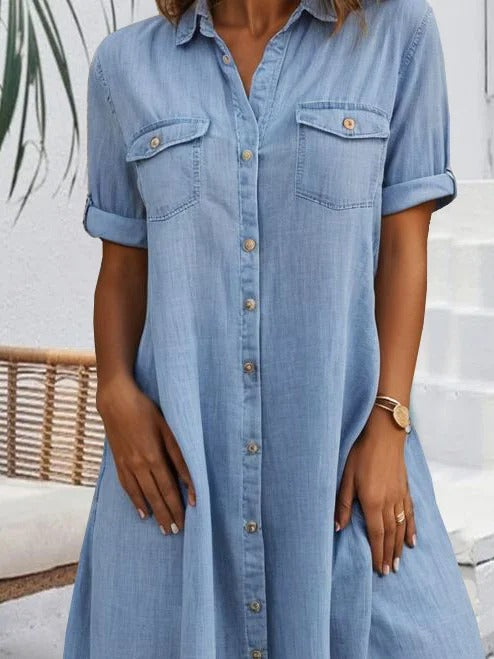 Women's Chest Pockets Button Down Shirt Dress | Midi