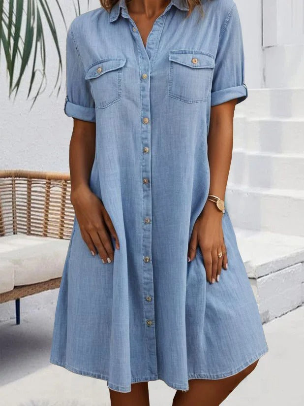 Women's Chest Pockets Button Down Shirt Dress | Midi