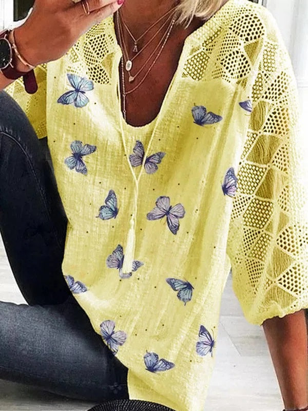 Women's Casual Butterfly Print Top | 3/4 Sleeves