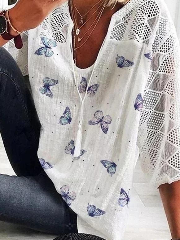 Women's Casual Butterfly Print Top | 3/4 Sleeves