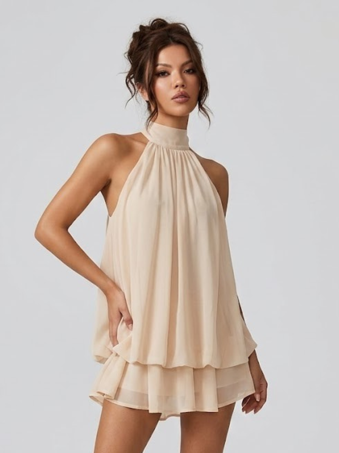Women's Chique Tiered Ruffles Mock Neck Halter Party Dress | Mini