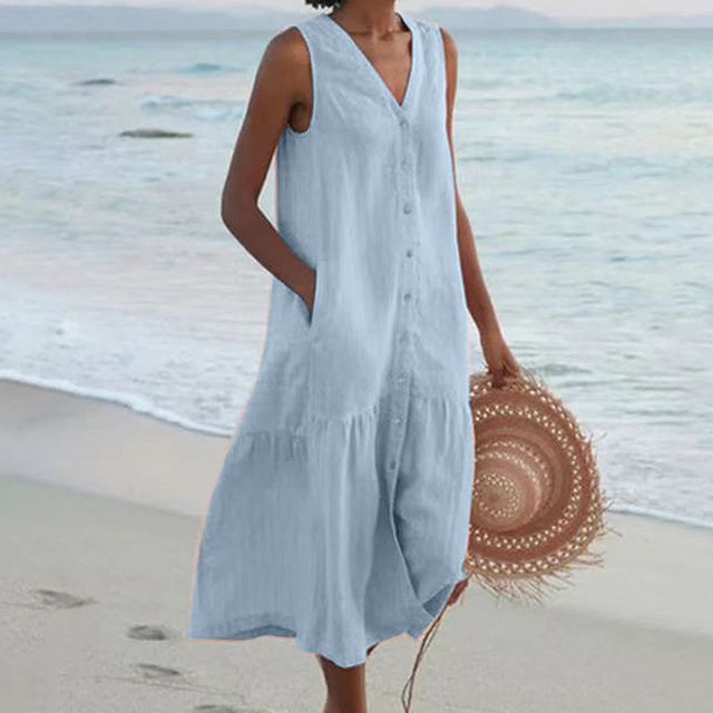 Women's Button Down Flared V-Neck Dress | Midi