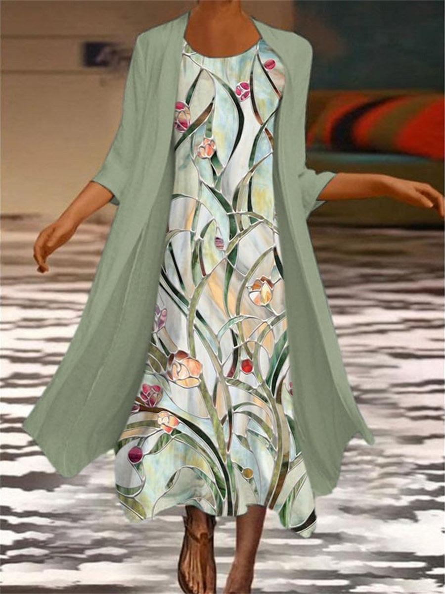 Women’s Elegant Floral Set | Dress and Cardigan