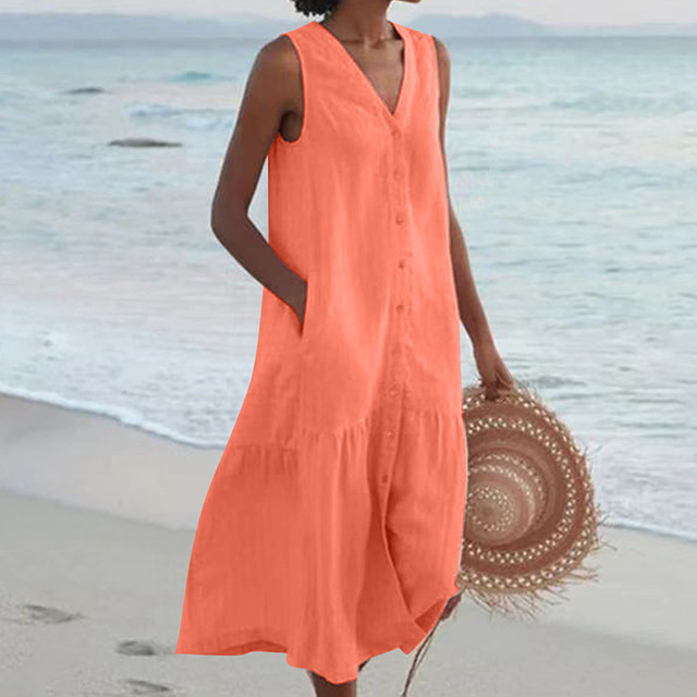 Women's Button Down Flared V-Neck Dress | Midi