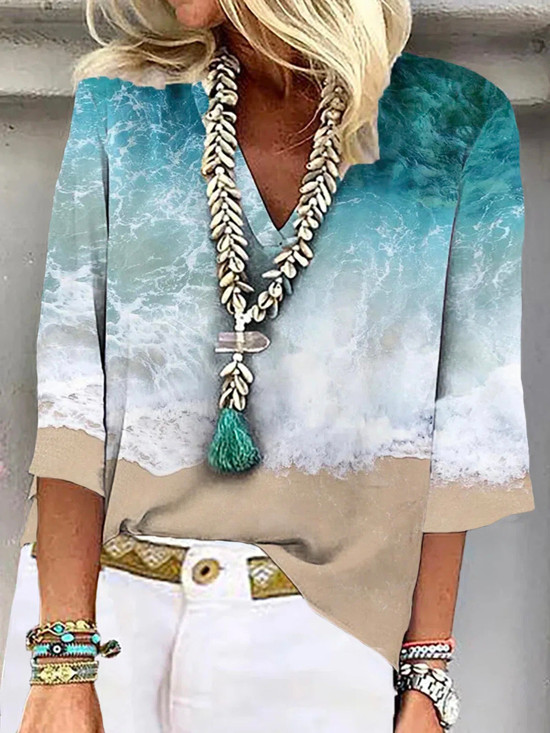 Women's V-Neck Ocean Wave Print Casual Top | Loose-Fit