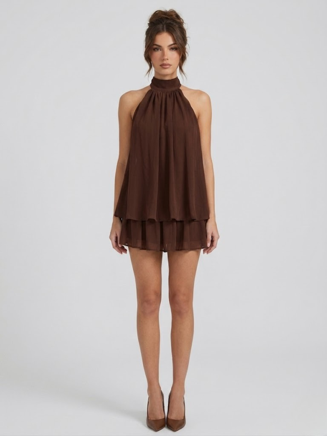 Women's Chique Tiered Ruffles Mock Neck Halter Party Dress | Mini