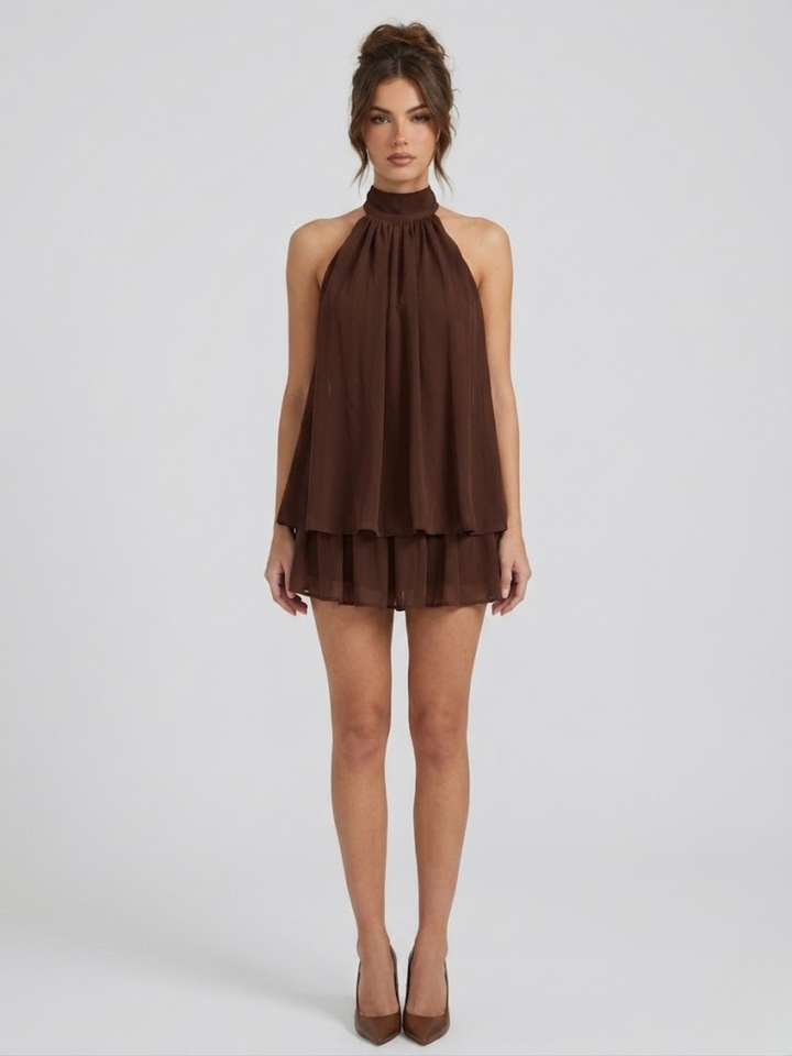 Women's Chique Tiered Ruffles Mock Neck Halter Party Dress | Mini
