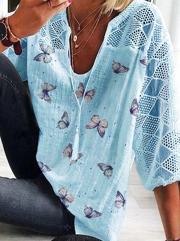 Women's Casual Butterfly Print Top | 3/4 Sleeves