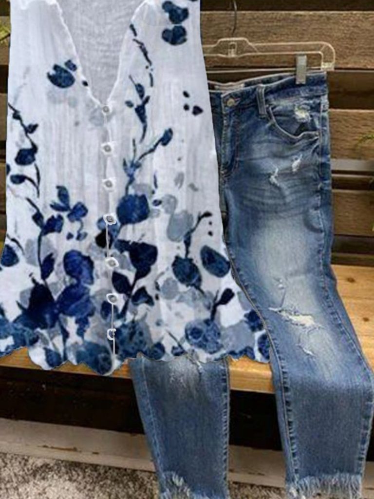 Women's Floral Print Button-Front Tunic Top | Sleeveless