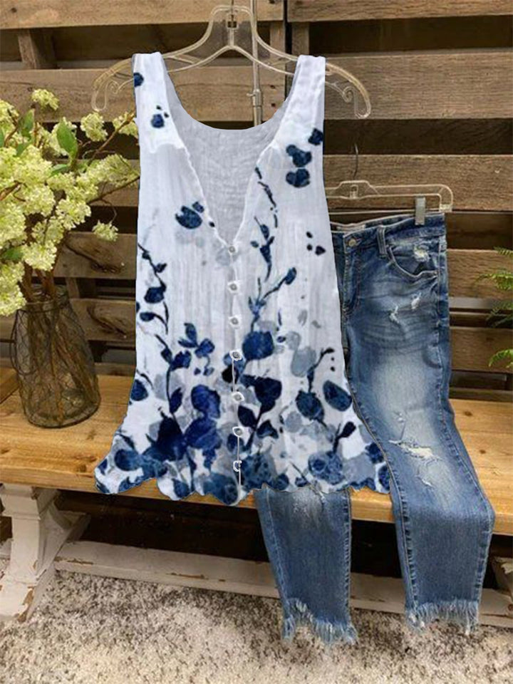 Women's Floral Print Button-Front Tunic Top | Sleeveless