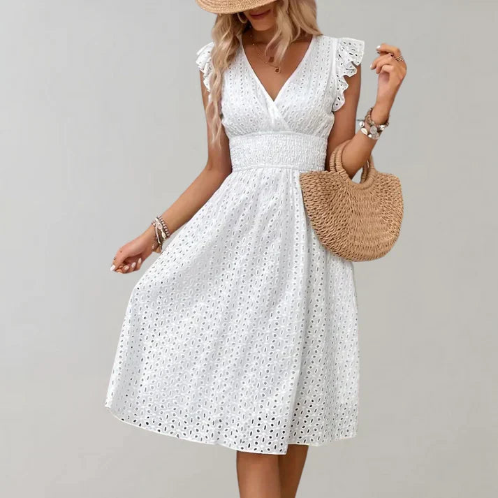 Women's V-Neck A-Line Flutter Sleeves Dress | Mini