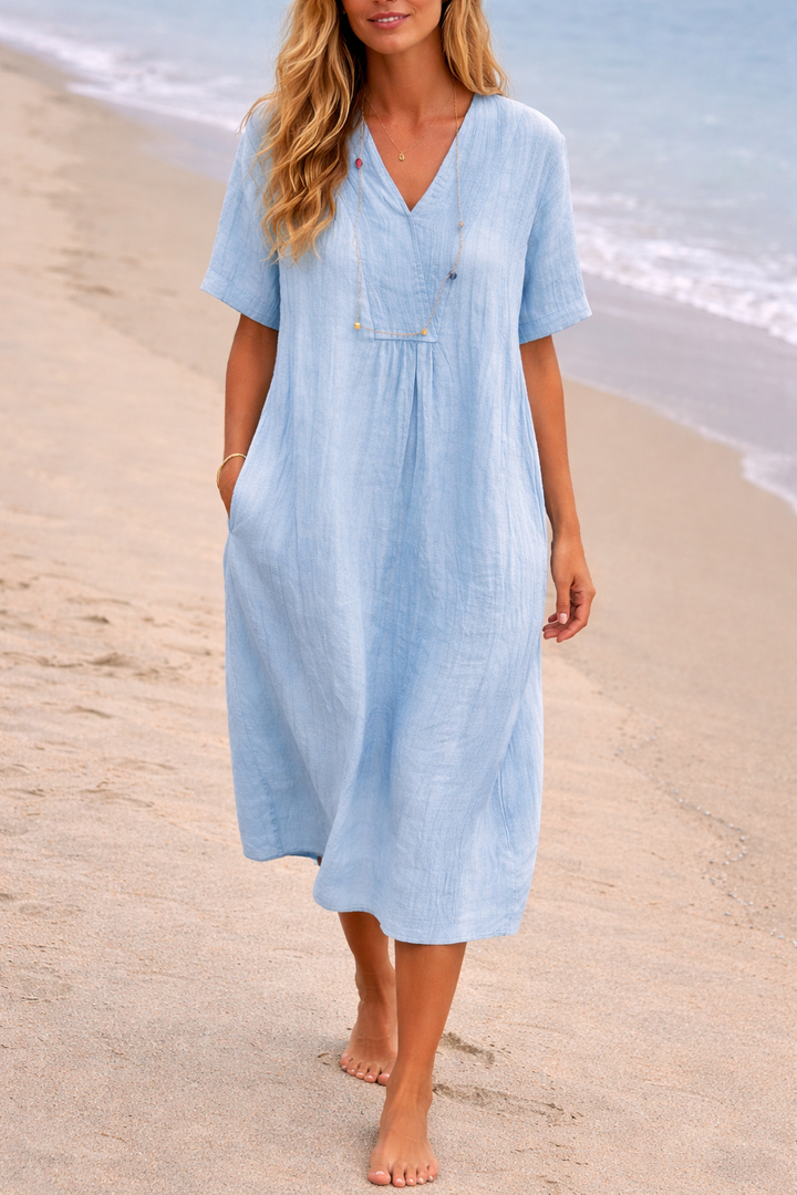 Women’s Beach Summer Relaxed V Neck Silhouette Dress | Midi