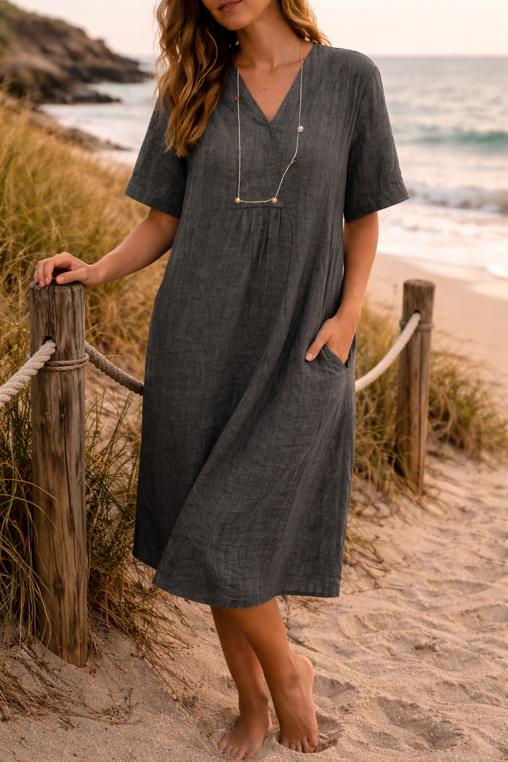 Women’s Beach Summer Relaxed V Neck Silhouette Dress | Midi