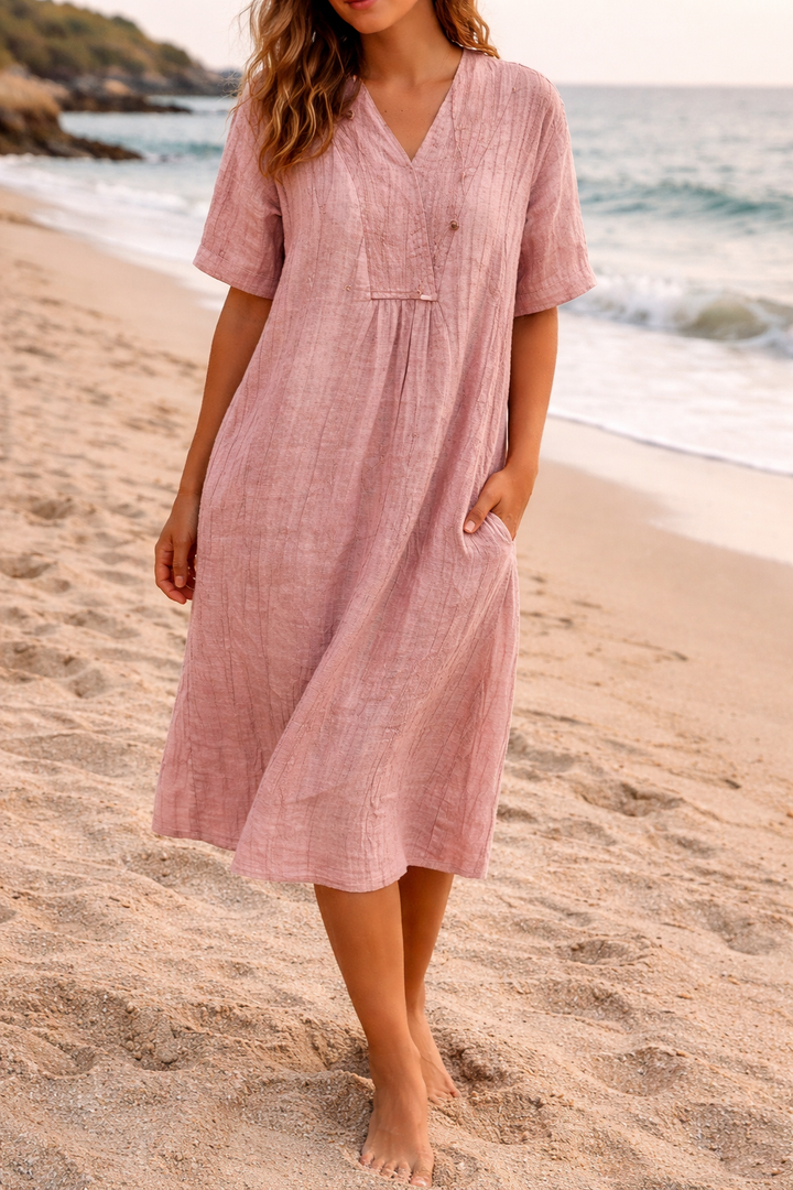 Women’s Beach Summer Relaxed V Neck Silhouette Dress | Midi