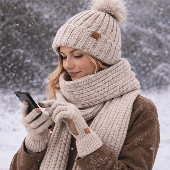 Ensemble bonnet, écharpe et gants en maille pour femme | Compatible avec les écrans tactiles