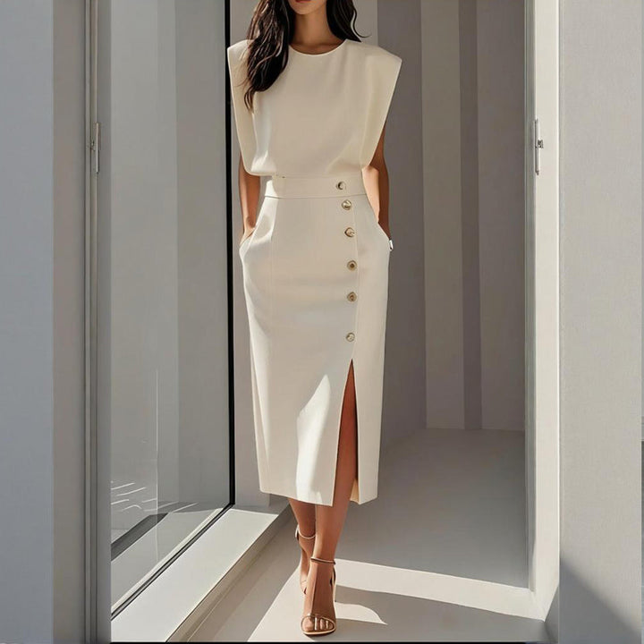 Women’s Elegant Structured Side Button Detail Dress | Midi