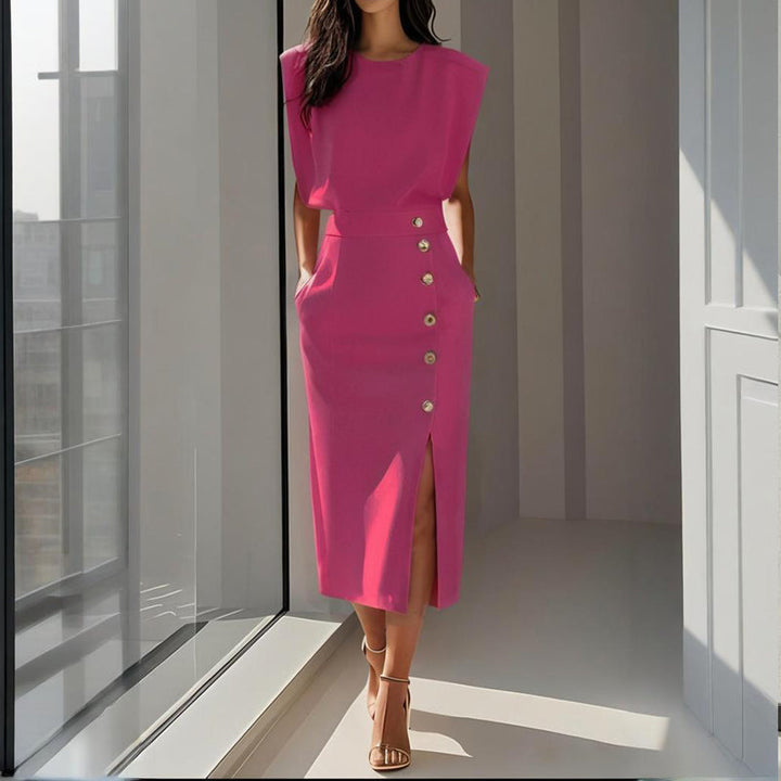 Women’s Elegant Structured Side Button Detail Dress | Midi