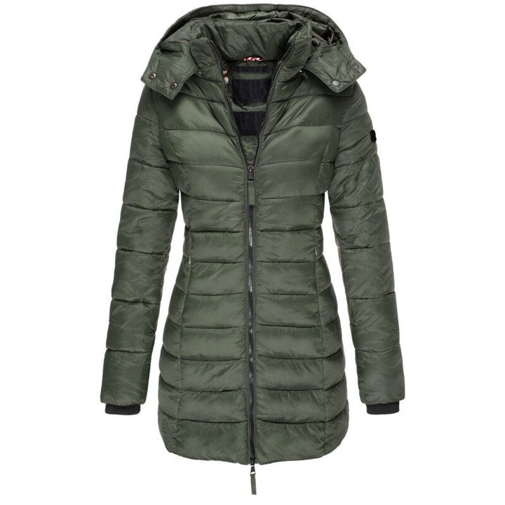 Veste d'hiver longue matelassée à capuche et fermeture éclair pour femme