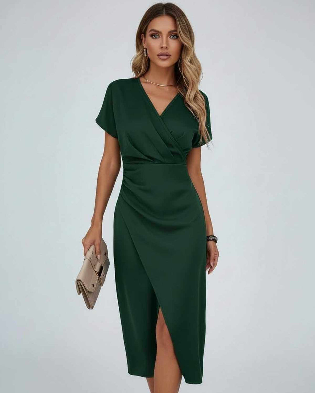 Women’s Elegant Draped Waist Split Hem Wrap Dress | Midi
