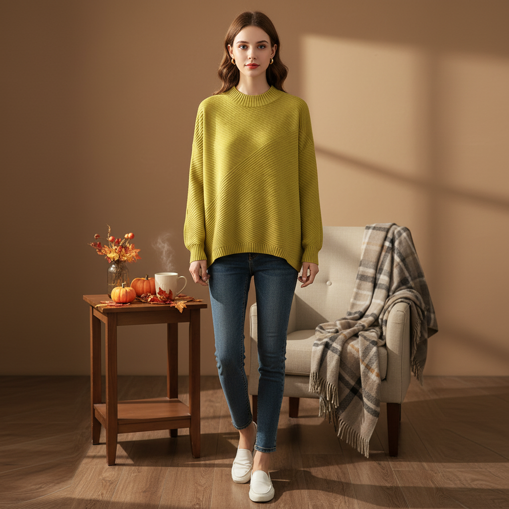 Women’s Oversized Diagonal Rib Knit Jumper | Mock Neck