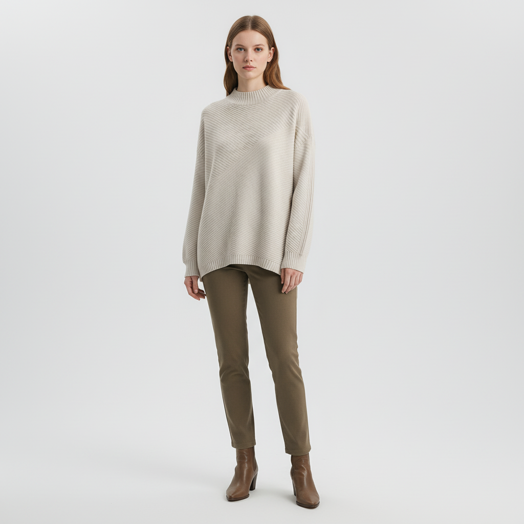 Women’s Oversized Diagonal Rib Knit Jumper | Mock Neck