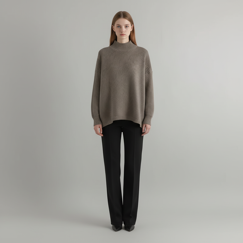 Women’s Oversized Diagonal Rib Knit Jumper | Mock Neck