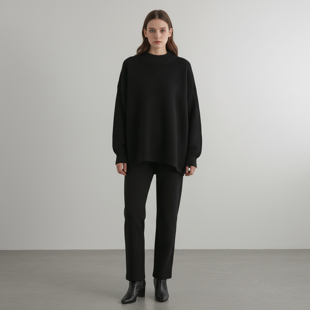 Women’s Oversized Diagonal Rib Knit Jumper | Mock Neck