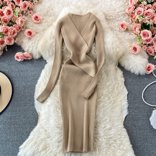 Women’s Ribbed Knit Bodycon Wrap Dress | Midi