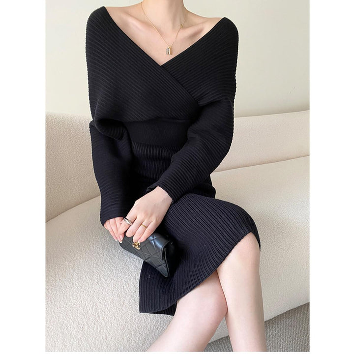 Women’s Ribbed Knit Wrap Slim Fit Dress | Midi