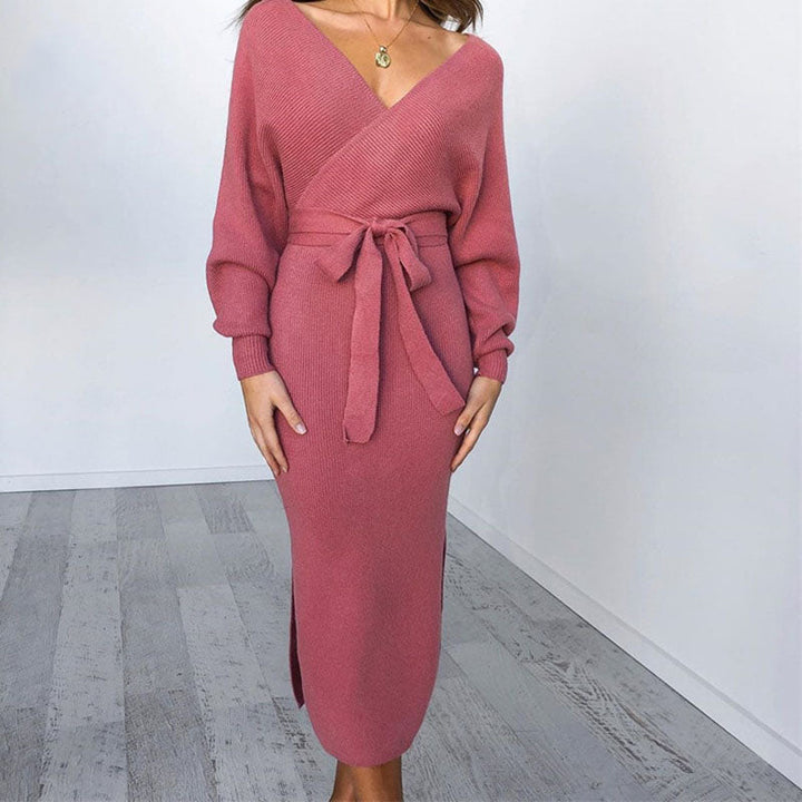 Women’s Wrap Knitted Dress with Tie Belt | Midi