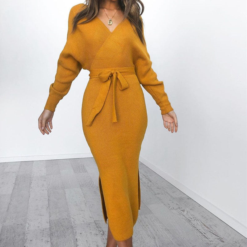 Women’s Wrap Knitted Dress with Tie Belt | Midi