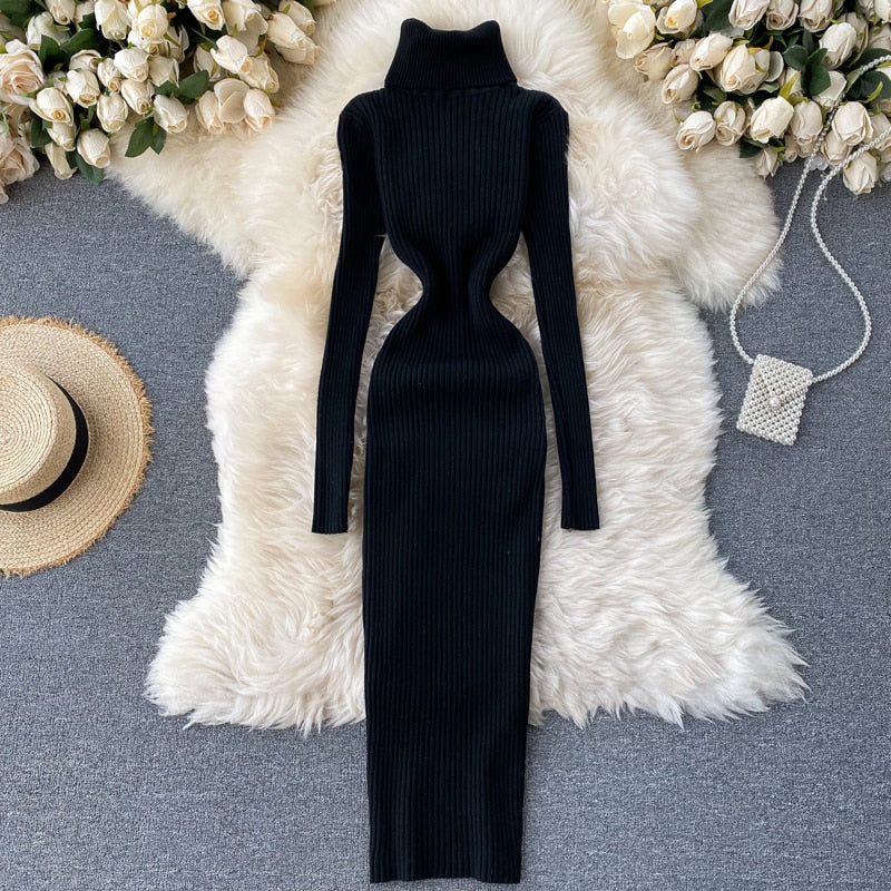 Women’s Ribbed Knit Turtleneck Dress | Maxi