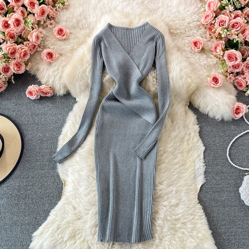 Women’s Ribbed Knit Bodycon Wrap Dress | Midi