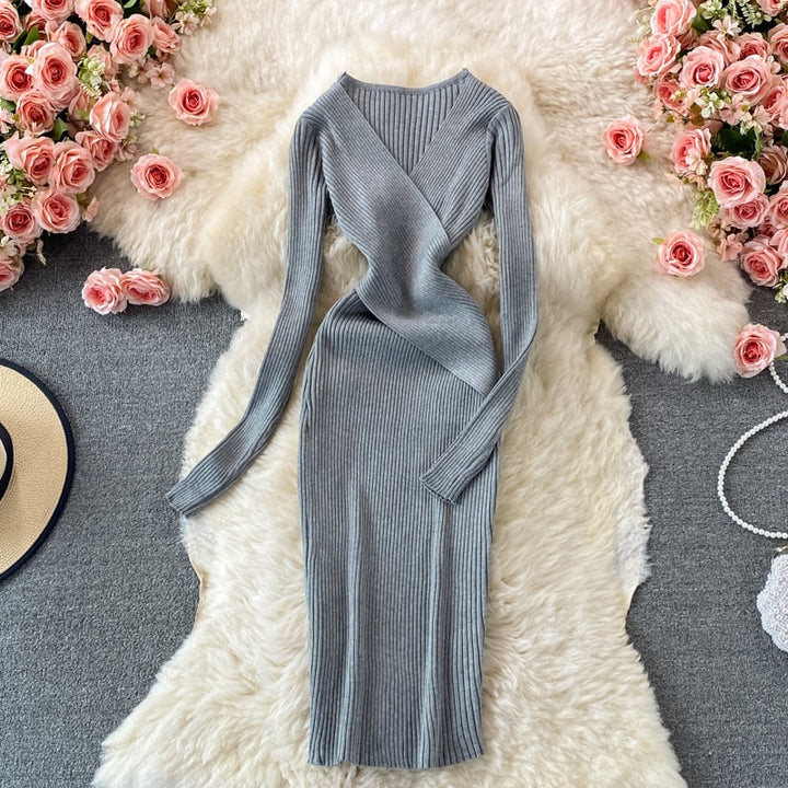 Women’s Ribbed Knit Bodycon Wrap Dress | Midi