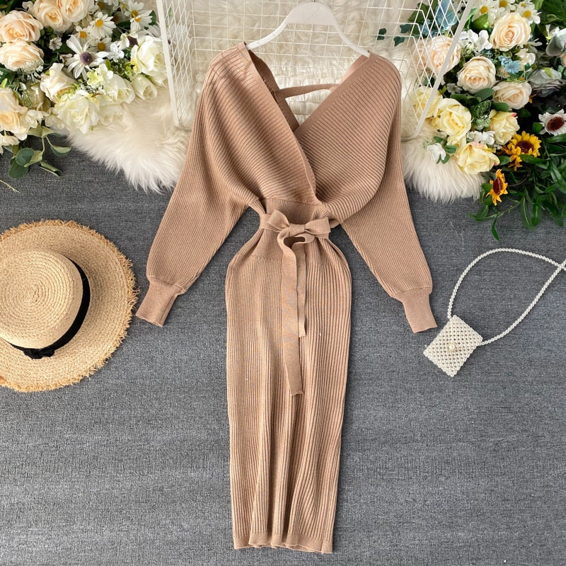 Women’s Knitted Batwing Dress with Tie Belt | Midi