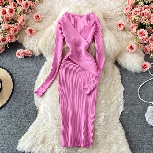 Women’s Ribbed Knit Bodycon Wrap Dress | Midi