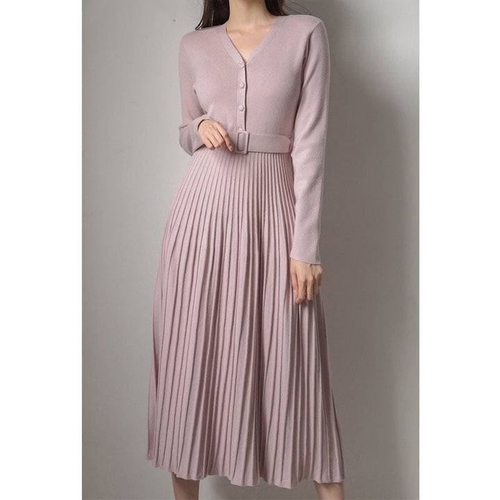 Women’s Knitted Pleated Dress with Belt | Midi